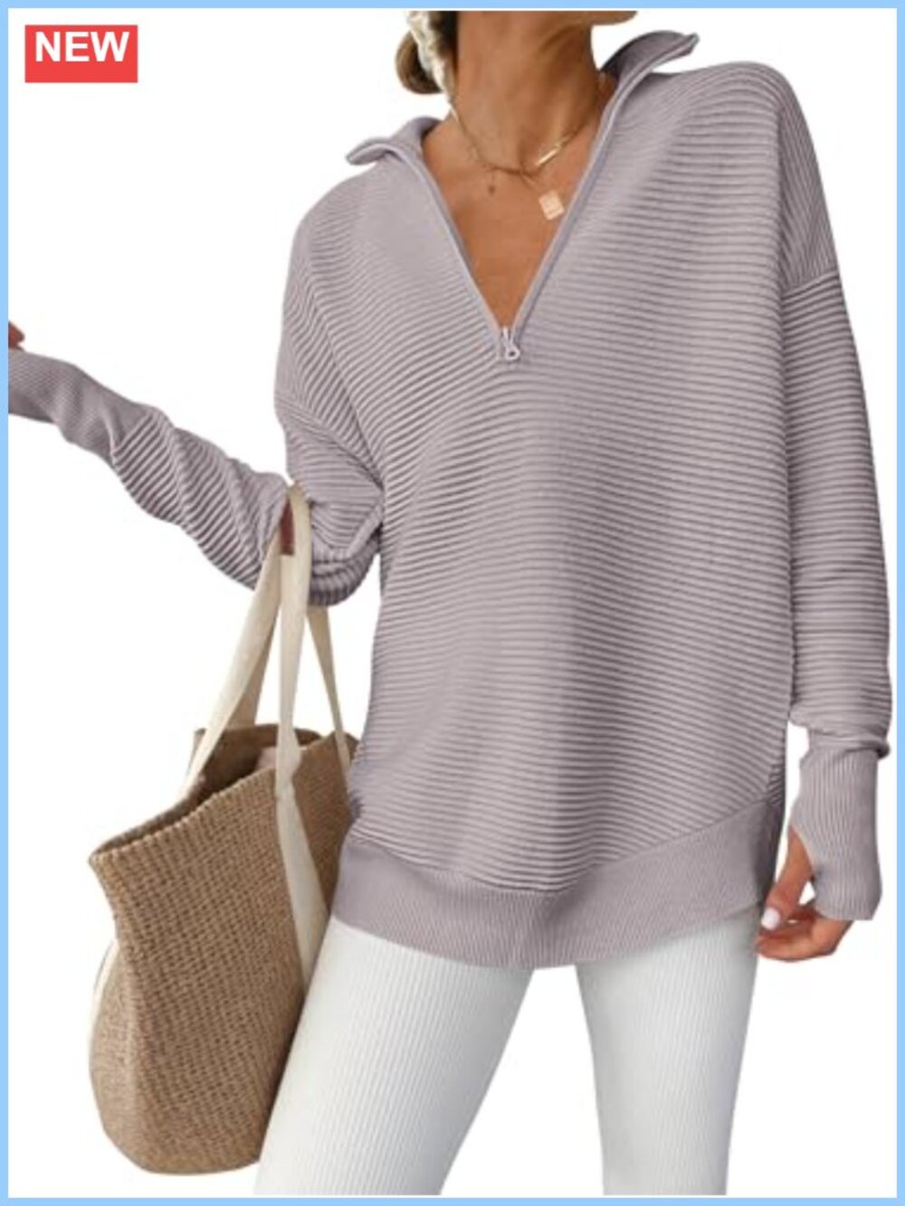 Women's Loose Fit V-Neck Quarter Zip Pullover Sweater